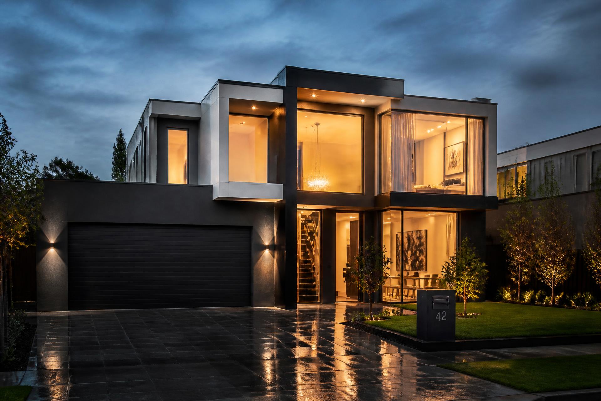 Freshly painted luxury contemporary Melbourne home at dusk with charcoal render and white trims